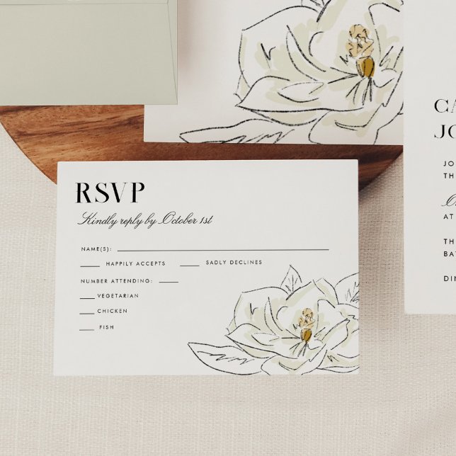Elegant White Magnolia Illustration Bröllop OSA (Elegant white magnolia illustration wedding RSVP card.)