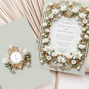 Elegant White Magnolia med Faux Guld Inbjudningar