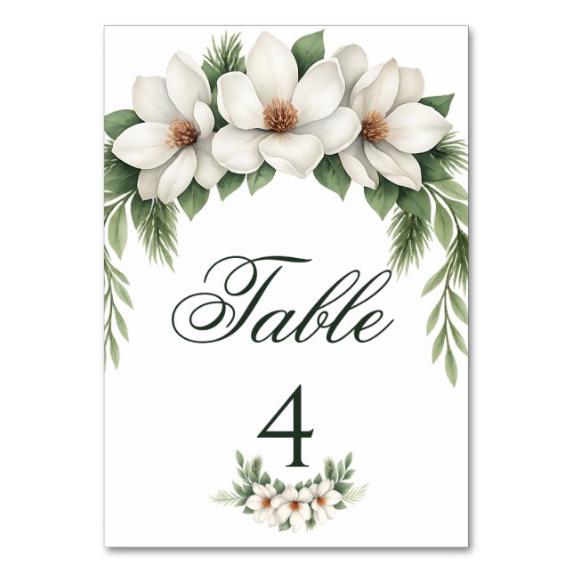 Elegant White Magnolia Winter Wedding Gräs Träd Bordsnummer (Framsidan)