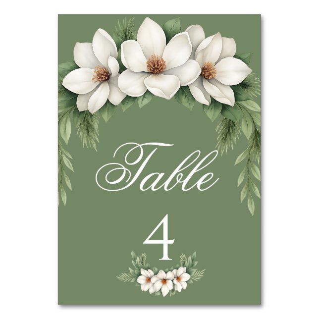 Elegant White Magnolia Winter Wedding Gräs Träd Bordsnummer (Framsidan)