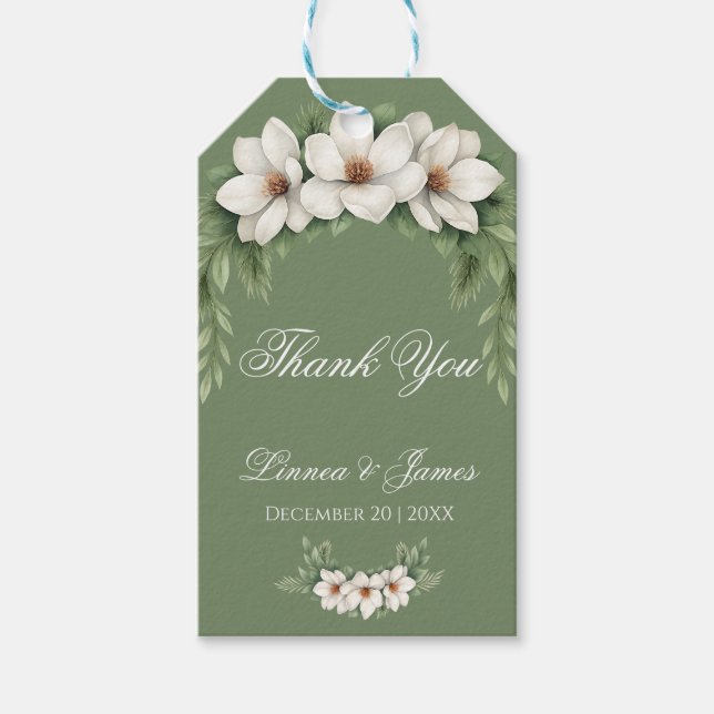 Elegant White Magnolia Winter Wedding Gräs Träd Presentetikett (Framsidan)