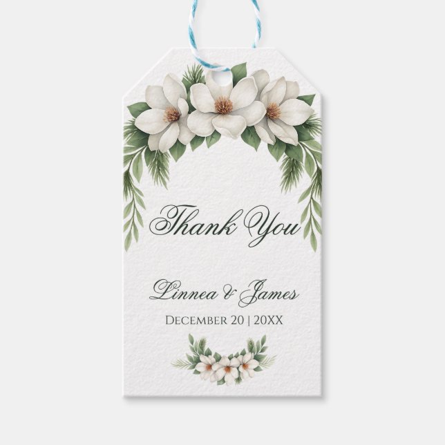 Elegant White Magnolia Winter Wedding Gräs Träd Presentetikett (Framsidan)