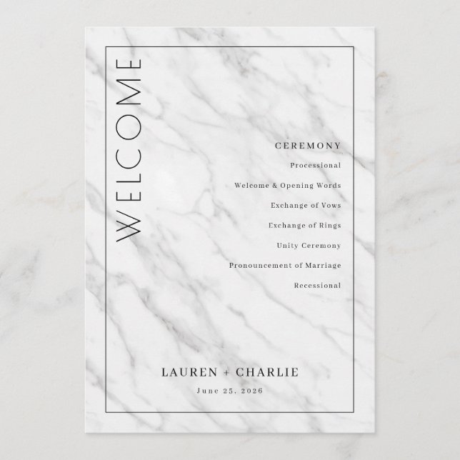 Elegant White Marble Ceremony Schedule Program (Framsida)