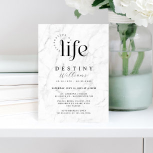 Elegant White Marble Firande of Life Funeral Inbjudningar