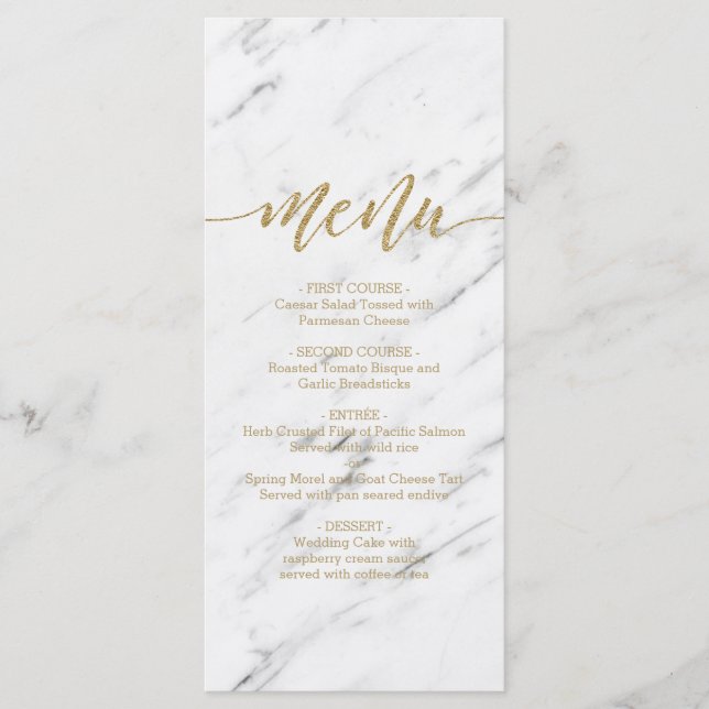 Elegant White Marble & Gold Foil Bröllop Menu Meny (Framsida)