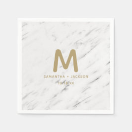Elegant White Marble & Gold Foil Bröllop Monogram Pappersservett