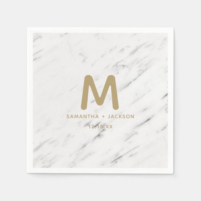 Elegant White Marble & Gold Foil Bröllop Monogram Pappersservett (Framsidan)