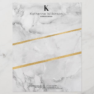 Elegant White Marble Guld Monogram Brevhuvud
