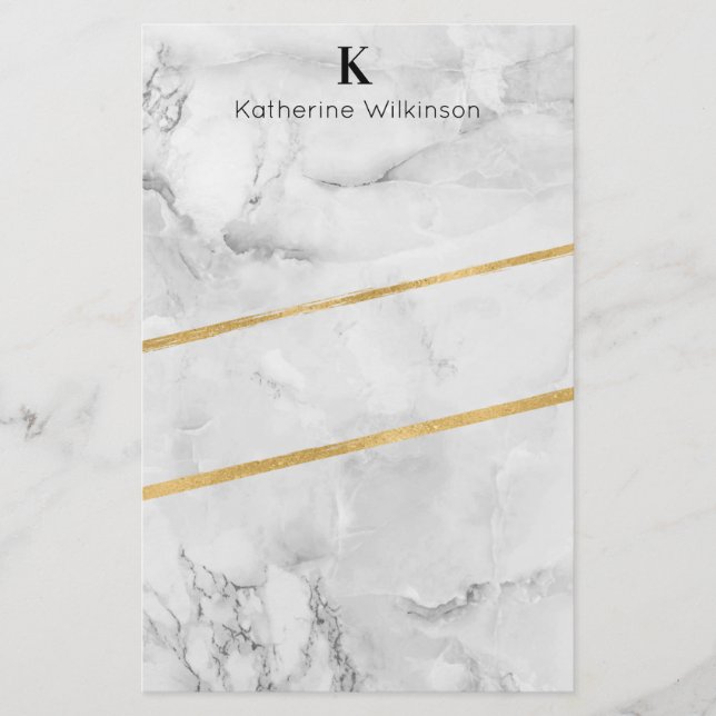 Elegant White Marble Guld Monogram Brevpapper (Framsida)
