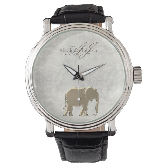 Elegant White Marble och Guld Elephant Monogrammed Armbandsur (Framsida)