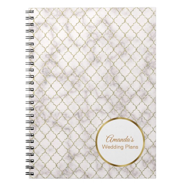 Elegant White Marble och Guld Quatrefoil Bröllop Anteckningsbok (Framsidan)