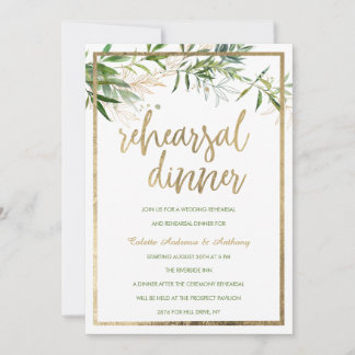 Elegant white mint gold foliage Rehearsal Dinner Inbjudningar