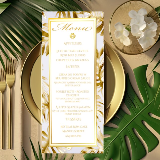 Elegant White Monstera Gilded Guld Bröllop Menu Meny (Skapare uppladdad)