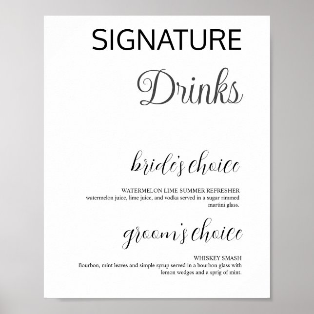Elegant White Namnteckning Drinks Bröllop Pub Post Poster (Framsidan)