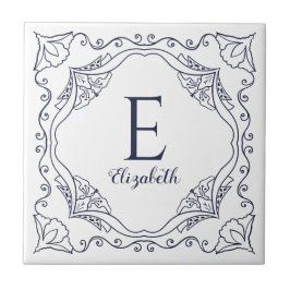 Elegant White Navy Blue Decorative Namn Monogram Kakelplatta