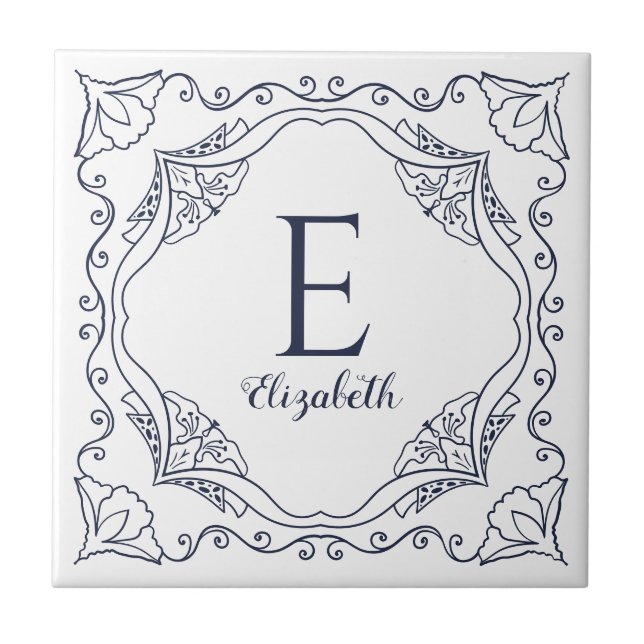 Elegant White Navy Blue Decorative Namn Monogram Kakelplatta (Framsidan)