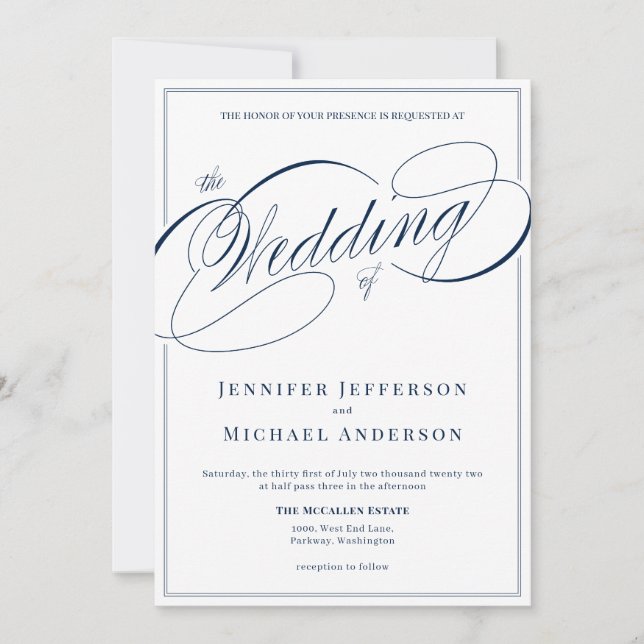 Elegant White Navy Classic Calligraphy Bröllop Inbjudningar (Framsida)