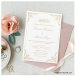 Elegant White Nikah Islamic Muslim Bröllop Inbjudningar<br><div class="desc">Elegant White and Faux Guld Islamic Muslim Nikah bröllopsinbjudan. Luxurgoudy roman och lucia-skript typsnitt. Det finns en snabb dekoration i ram hörn. Färg på detta inbjudningskort kan anpassas såväl som färg och typ av typsnitt med personifieringsknappen. Du kan redigera namn,  datum,  adress och resten av informationen.</div>