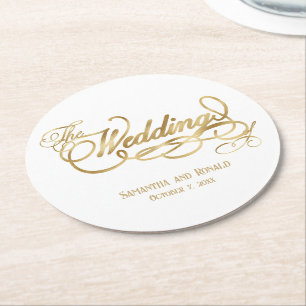 Elegant White och Faux Guld Calligraphy Bröllop Underlägg Papper Rund