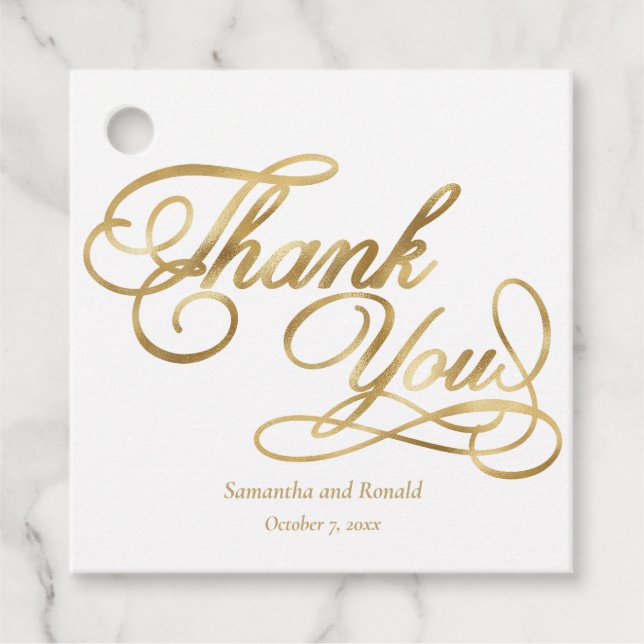 Elegant White och Faux Guld Calligraphy Tack Gåvor Etiketter (Framsida)