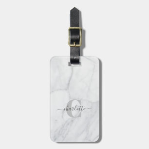 Elegant White och Grått Marble Monogram Namn Bagagebricka