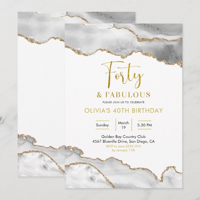 Elegant White och Guld 40 och Fabulous Inbjudningar (Fram/baksida)