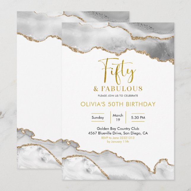 Elegant White och Guld 50 och Fabulous Inbjudningar (Fram/baksida)