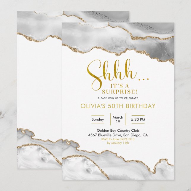 Elegant White och Guld Agate Surprise Birthday Inbjudningar (Fram/baksida)