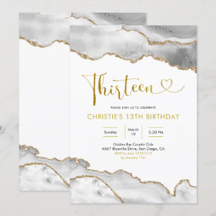 Elegant White och Guld Agate Tretton Birthday Inv Inbjudningar