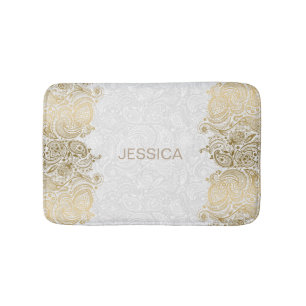 Elegant White och Guld Blommigt Paisley Snöre Badrumsmatta