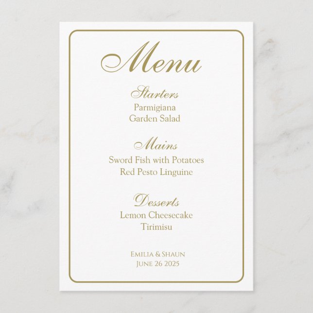 Elegant White och Guld Bröllop Menus Meny (Framsida)