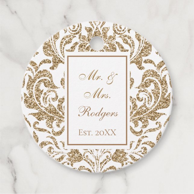 Elegant White och Guld Faux Glitter Bröllop Gåvor Etiketter (Framsida)