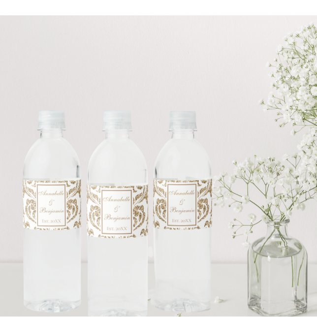 Elegant White och Guld Faux Glitter Bröllop Vattenflaskor Etikett (Skapare uppladdad)