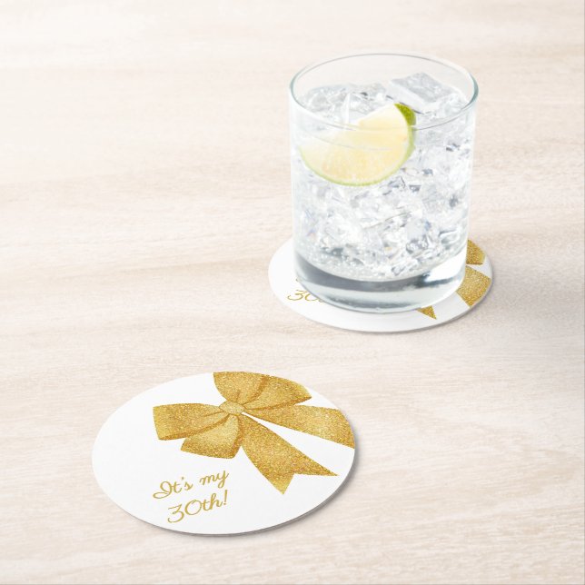 Elegant White och Guld Glitter Bow Birthday Underlägg Papper Rund (Insitu)