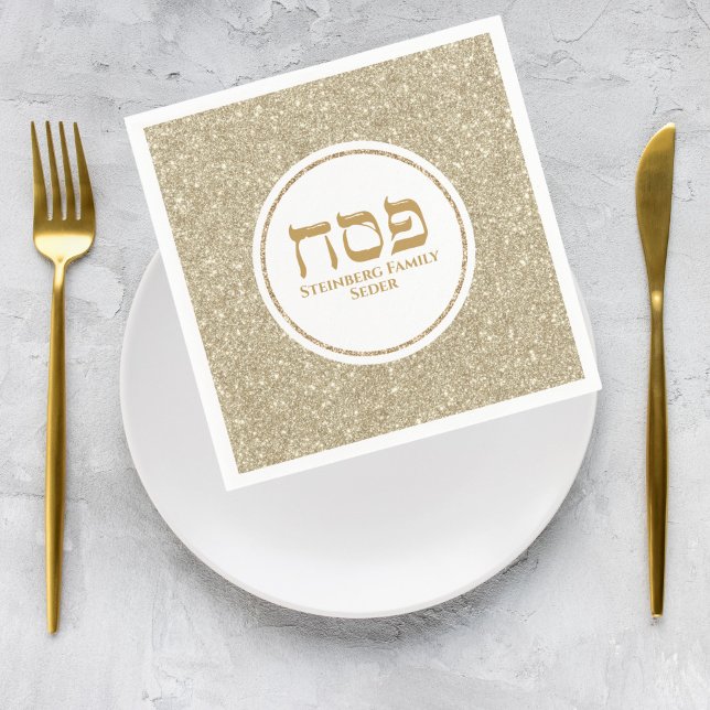 Elegant White och Guld Glitter Hebrew Pesach Pappersservett (Skapare uppladdad)