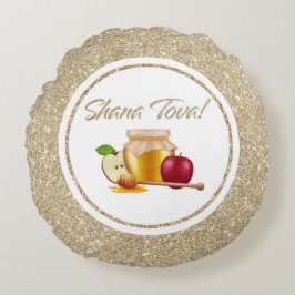 Elegant White och Guld Glitter Rosh Hashanah Rund Kudde