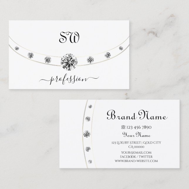 Elegant White och Guld med Initialer Rhinestones Visitkort (Fram/baksida)