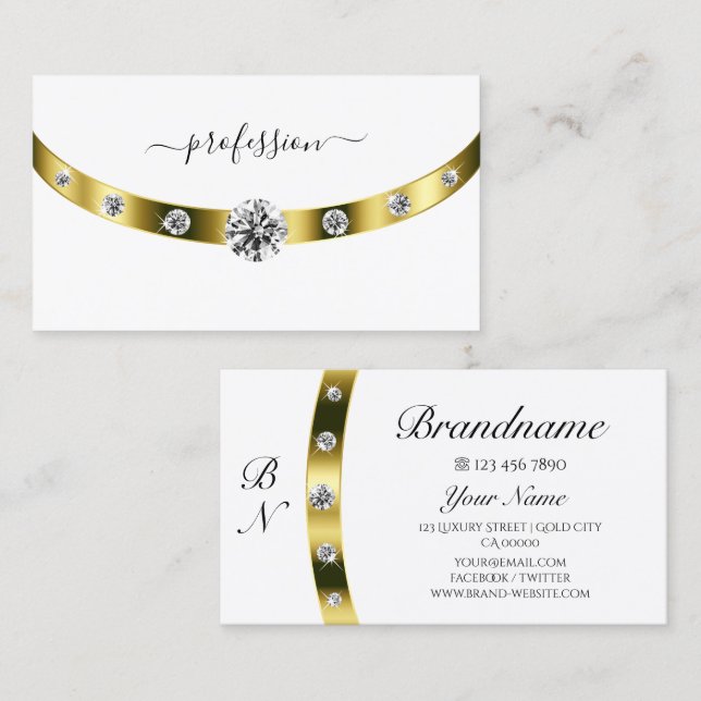 Elegant White och Guld med Monogram Chic Initialer Visitkort (Fram/baksida)