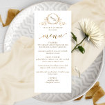 Elegant White och Guld Monogram Bröllop Menu Meny<br><div class="desc">Elegant bröllop-menykort med delikat bra hand plockade monogram med par initialer. Möjlighet att lägga till egna namn, datum, menybeskrivning på framsidan och monogrammet initialer. Handskriven kalligrafiinformation i faux golden foil. Utformning i vit bakgrund och monogram och text för golden hue. Tillbaka i vitt. Förmåga att ändra fram- och/eller baksidans bakgrund...</div>