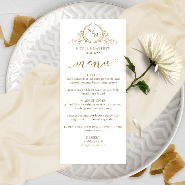 Elegant White och Guld Monogram Bröllop Menu Meny (Skapare uppladdad)