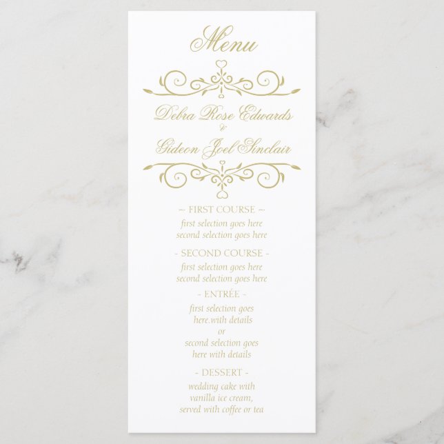 Elegant White och Guld Monogram Bröllop Menu Meny (Framsida)
