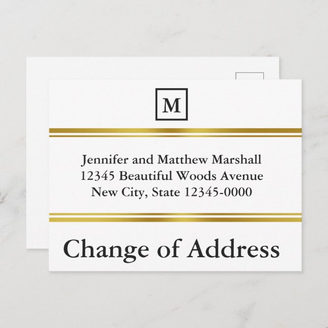 Elegant White och Guld Monogram Byte av Adress Meddelande Vykort (Fram/baksida)