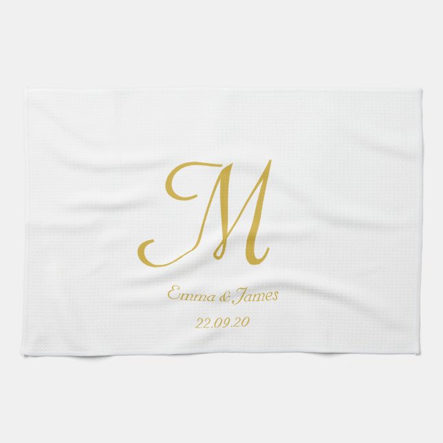 Elegant White och Guld Monogram Namn  Kökshandduk (Horisontell)