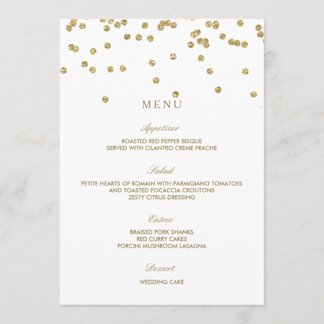 Elegant White och Guld Polka dots Bröllop Menu Meny (Framsida)