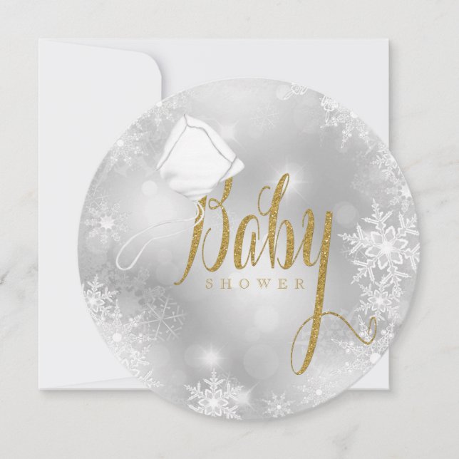 Elegant White och Guld Snowflake Baby Shower Inbjudningar (Framsida)