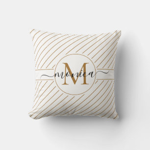 Elegant White och Guld Stripe Monogram Namn Kudde