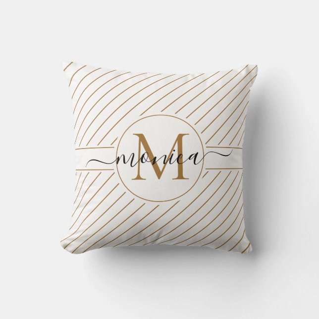 Elegant White och Guld Stripe Monogram Namn Kudde (Framsida)