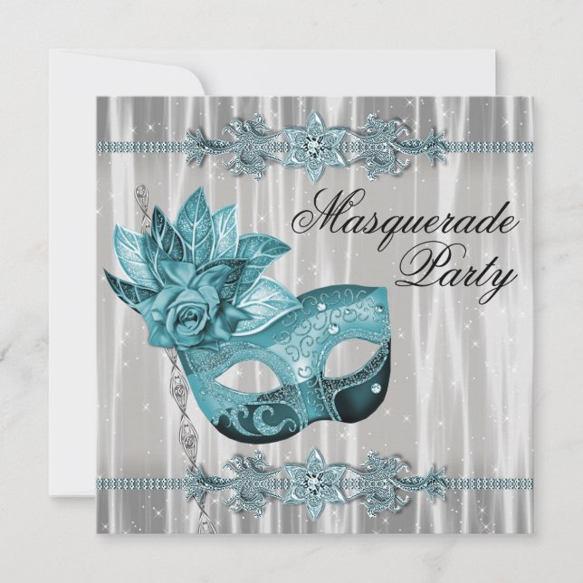 Elegant White och Teal Blue Masquade Party Inbjudningar (Framsida)
