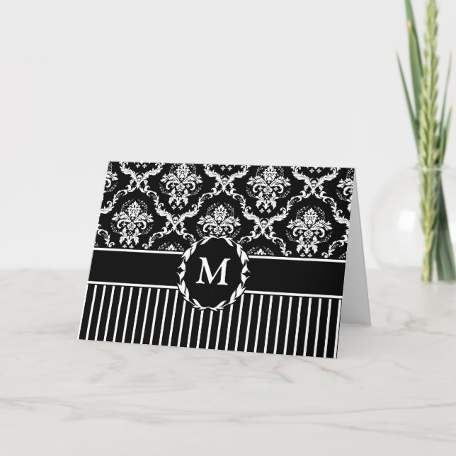 Elegant White on Black Damask Kort (Framsida)