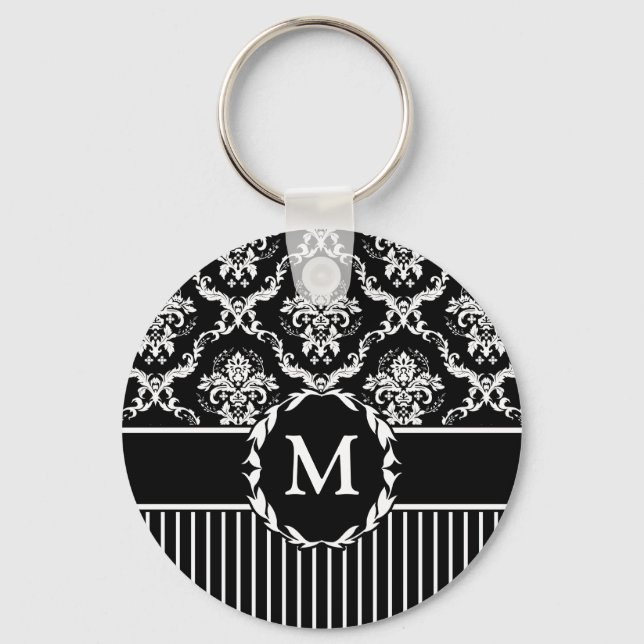 Elegant White on Black Damask Nyckelring (Framsida)